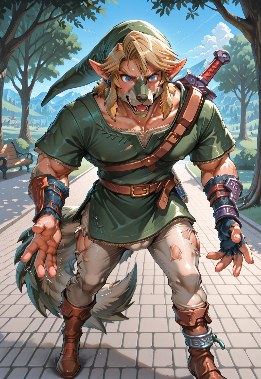 masterpiece, best quality, absurdres, newest, anthropomorphic, male, muscular, ((Link transforms into anthropomorphic wolf, mid transformation, transformation, wolf, fur is spreading along Link's arms, a wolf muzzle is starting to form on Link's face)), ((Link, blonde hair, blue eyes, pointed ears, earrings, green hat, green tunic, leather gauntlets, belt, white leggings, brown boots)), ((l1nk, wolf, blue eyes, tail, single silver shackle, blue earrings)), park, outside, daytime, ripped shirt, ripped shorts, feet
