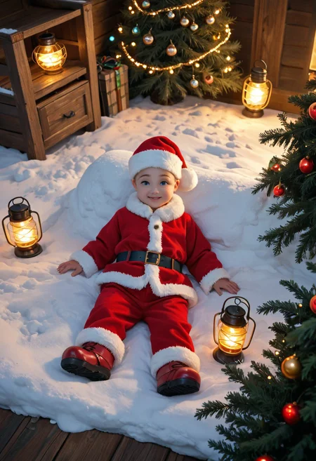 score_9, score_8_up, score_7_up, ,Rich deep teal, overhead bird’s eye view. Adorable animated baby Santa, large sparkling eyes, rosy cheeks, fluffy white beard, classic red suit. Surrounded by snow, decorated Christmas tree, glowing lights, golden ornaments, warm red lantern. Top-down perspective, luxurious and vibrant.
chrlib,