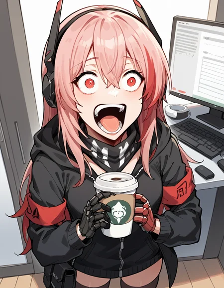 score_9, score_8_up, score_7_up, source_anime, <lora:girlsfrontline-m4-sopmod-ii-ponyxl-lora-nochekaiser:1>, m4 sopmod ii, hair between eyes, red eyes, pink hair, streaked hair, red hair, sidelocks, long hair, multicolored hair, two-tone hair,, armband, black gloves, black jacket, black scarf, black thighhighs, gloves, hair ornament, headgear, headphones, holster, hood, hooded jacket, jacket, mechanical hands, red armband, scarf, thighhighs, track jacket,, home office, working from home, computer screen, coffee cup, focus, deadline, , <lora:enel-face-ponyxl-lora-nochekaiser:1> enel face, open mouth, wide-eyed, teeth, tongue,, looking at viewer, solo,, dutch angle, cowboy shot