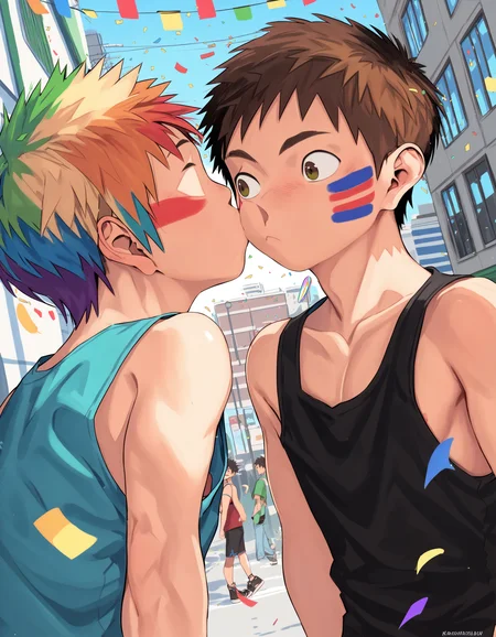 score_9, score_8_up, score_7_up, score_6_up, 2015s, outdoors, city street, dutch angle, 2boys, toned, rainbow hair, brown eyes, face paint, looking at another, tank top, rainbow flag, confetti, surprise cheek kiss <lora:shounen_zoom-amxl-v6i-ShoAI:1> <lora:Cheeck_kiss:0.7>