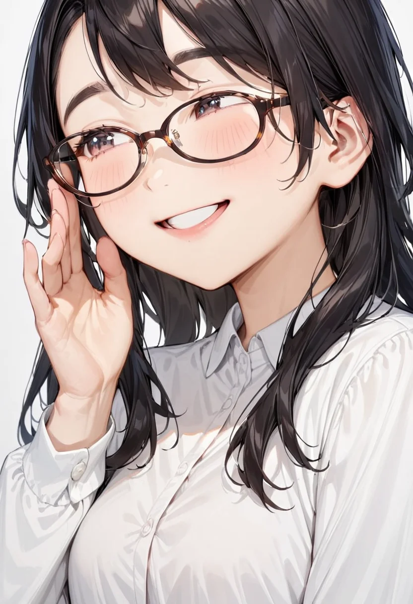 masterpiece, best quality, very aesthetic, absurdres,
1girl, solo, black hair, long hair,
oval_cell, glasses, brown-framed eyewear,
collared shirt, happy, smile, looking at another, adjusting eyewear, white background, simple background,
<lora:oval_glasses_cell-frame2_SDXL_V1:1>