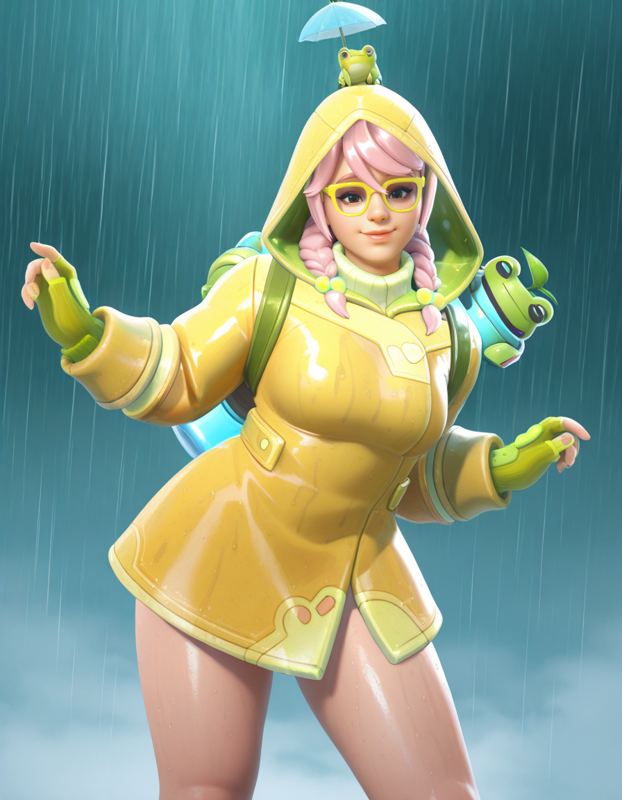 Masterpiece, high-res, 2k, best quality, 2.5d, realistic, 1 girl, rainy day mei, mei (overwatch), frog  <lora:Rainy_Day_mei_illus-000043:1> Confidently Dancing: Dance with abandon letting your body move freely and gracefully exuding confidence and joie de vivre.