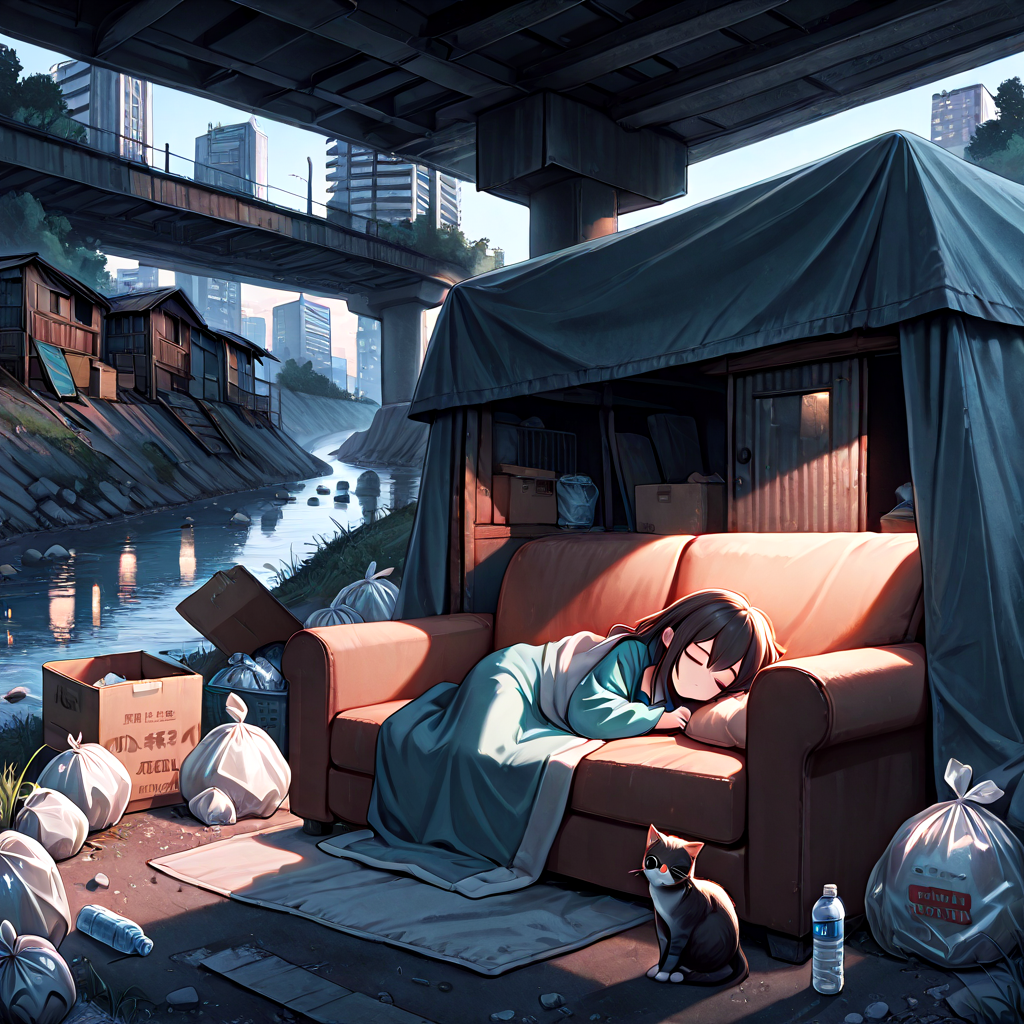 absurdres, explicit, shack under bridge, deep shadow, lying on sofa, sleeping, 1girl, light frown, blanket, covering with blanket, cat, box, fog, city, tree, rock, weeds, ruins, river, water, building, scenery, outdoors, trash bag, water bottle, awning, <lora:girlhateshackunderbridge_ilxl:1>