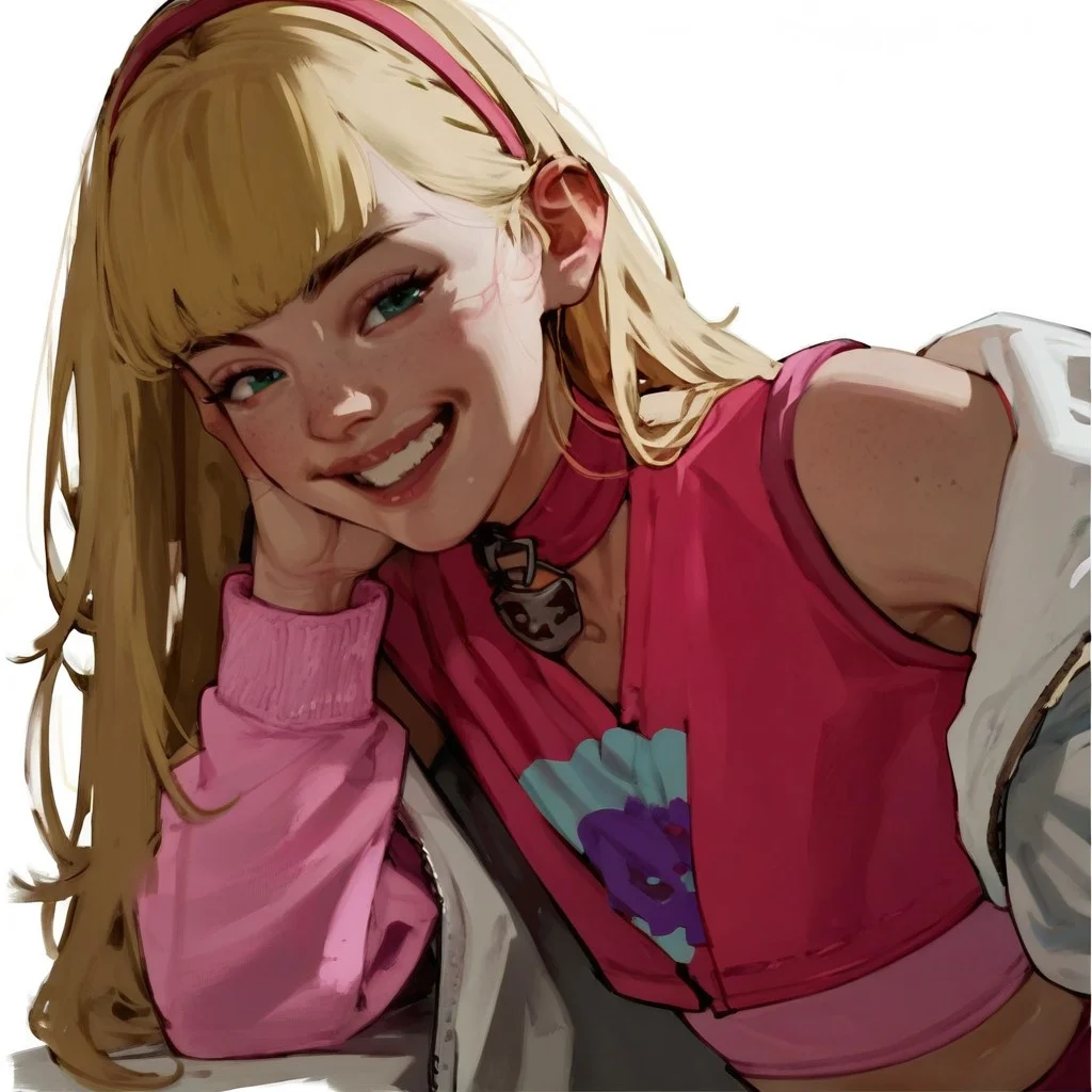 score_9, score_8_up, score_7_up,girl, smiling,sexy,blonde,pink outfit,white background