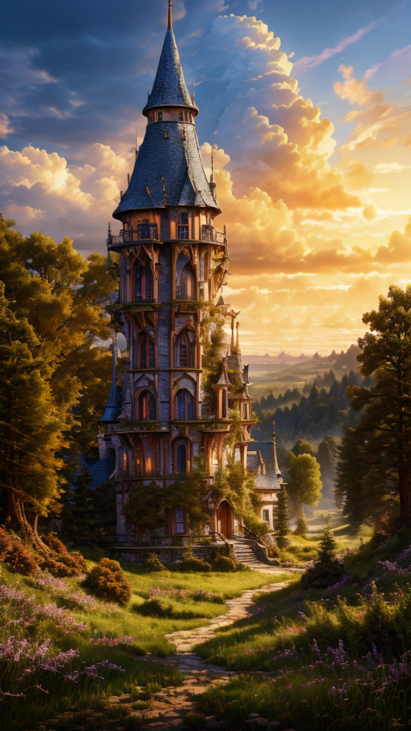 Anime, Masterwork, Magnum Opus, 
 <lora:Wizard_Tower:0.75> witow, castle, cloud, cloudy sky, grass, no humans, scenery, sky, tower, tree, <lora:Fantasy_Mountains:0.75> fanmou, footprints, forest, grass, nature, no humans, outdoors, sky, tree,
  highres, 8k, uhd, High Dynamic Range, tonemapping, crisp details,  intricate details, fine details