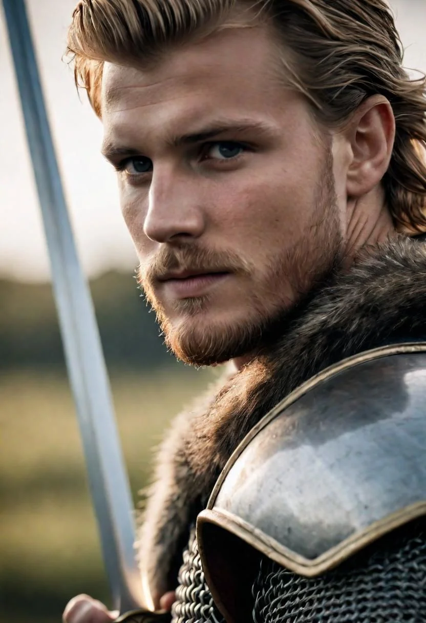 23 years old
cinematic film still young Harald Eirikssn shallow depth of field, vignette, highly detailed, , strong, firm Viking warlord, huscal, sword, war, combat, chain mail, sunburst, heavenly, furs