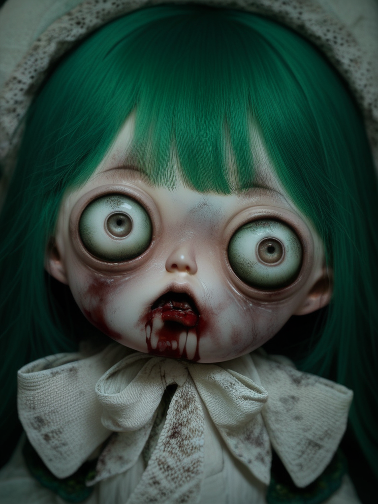 score_9,score_8_up,score_7_up,source_anime,rating_questionable,1girl,<lora:creepydoll:1>,doll,blood,face focus,huge eyes,green hair,bangs,