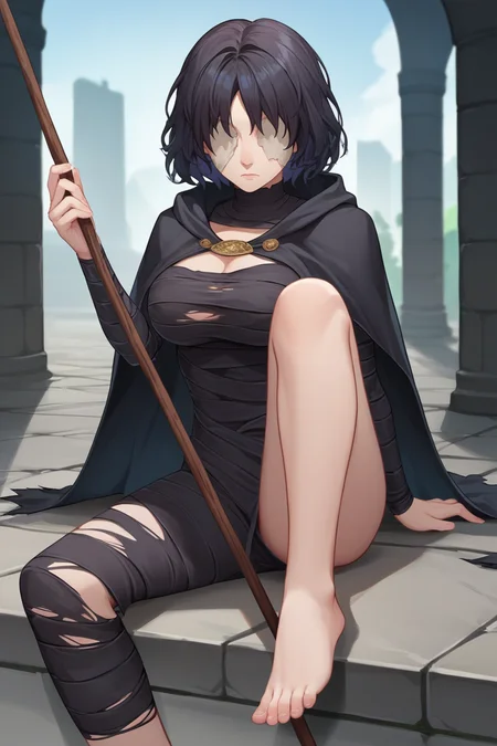 score_9, score_8_up, source_7_up, source_anime BREAK 1girl <lora:maideninblack-pdxl-nvwls-v1:1> maideninblack, black hair, black cape, torn cape, black dress, bandages, bare feet, covered eyes, large breasts, looking at viewer, dark building, dungeon, stone floors, holding a long stick, expressionless