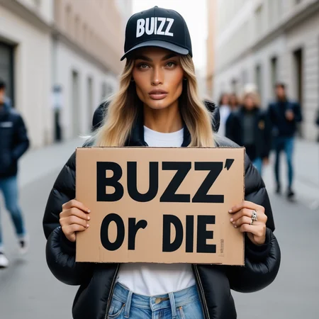buzz, a fashion streetwear elitist supermodel holding a cardboard sign that reads "buzz or die" <lora:buzz-text:.8>