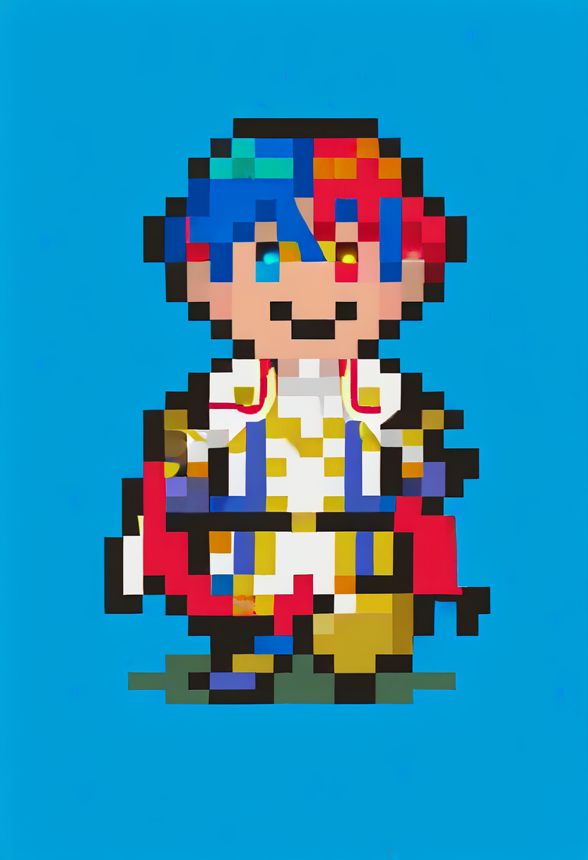 score_9, score_8_up, score_7_up, source_anime, 1boy, smile, <lora:EarthboundSpriteStyle-pdxl:1> pixel art, full body, standing, chibi, looking at viewer, blue background, <lora:AlearM-pdxl:1> defAlearM, heterochromia, gloves, split-color hair, red hair, blue hair, cape, armor
