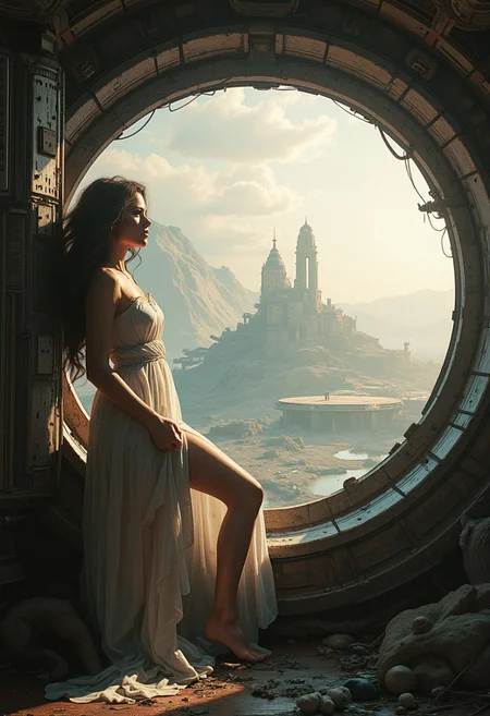 A stunning woman, leaning agianst a window , inside a huge space ship , window overlooking a destroyed world. The scene is bathed in soft, ethereal light, Hyper-detailed, cinematic composition, ultra-realistic, 8K resolution, masterpiece.