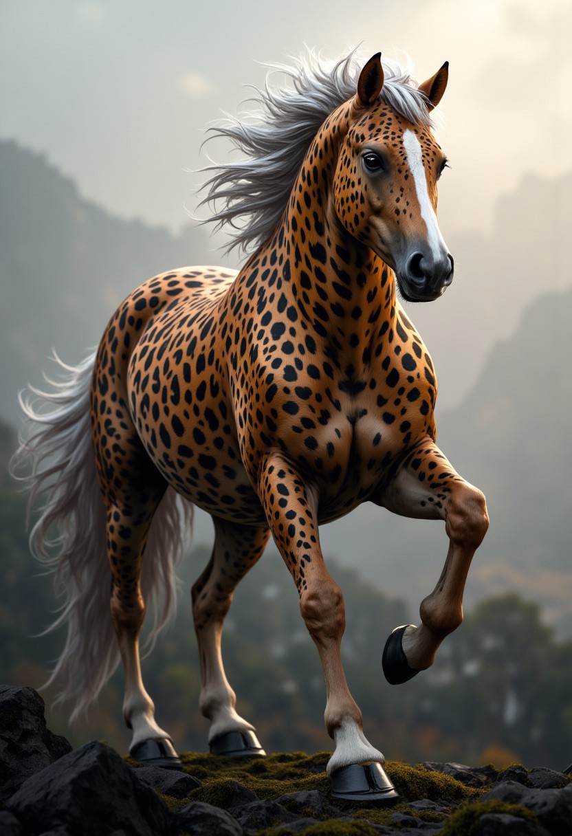 "A majestic horse with a striking and unique appearance, blending features of a leopard's coat with its equine form. The horse's body is adorned with rich, golden-brown fur patterned with bold, black leopard-like rosettes, creating a stunning hybrid of natural textures. Its face retains traditional horse features, but the seamless fusion of the animal print adds a surreal and fantastical element. The mane is long and flowing, colored in shades of silver and gray, moving gracefully as if caught in a soft breeze. The background is an ethereal, foggy landscape with a muted color palette of soft grays and browns, giving the scene a mysterious and dreamlike quality. The horse's intelligent, soulful eyes and powerful presence exude elegance and strength, as if it belongs to a mythical or enchanted realm. The lighting captures every detail of the coat’s texture, the mane’s flow, and the misty atmosphere, emphasizing a hyper-realistic and fantastical vibe."