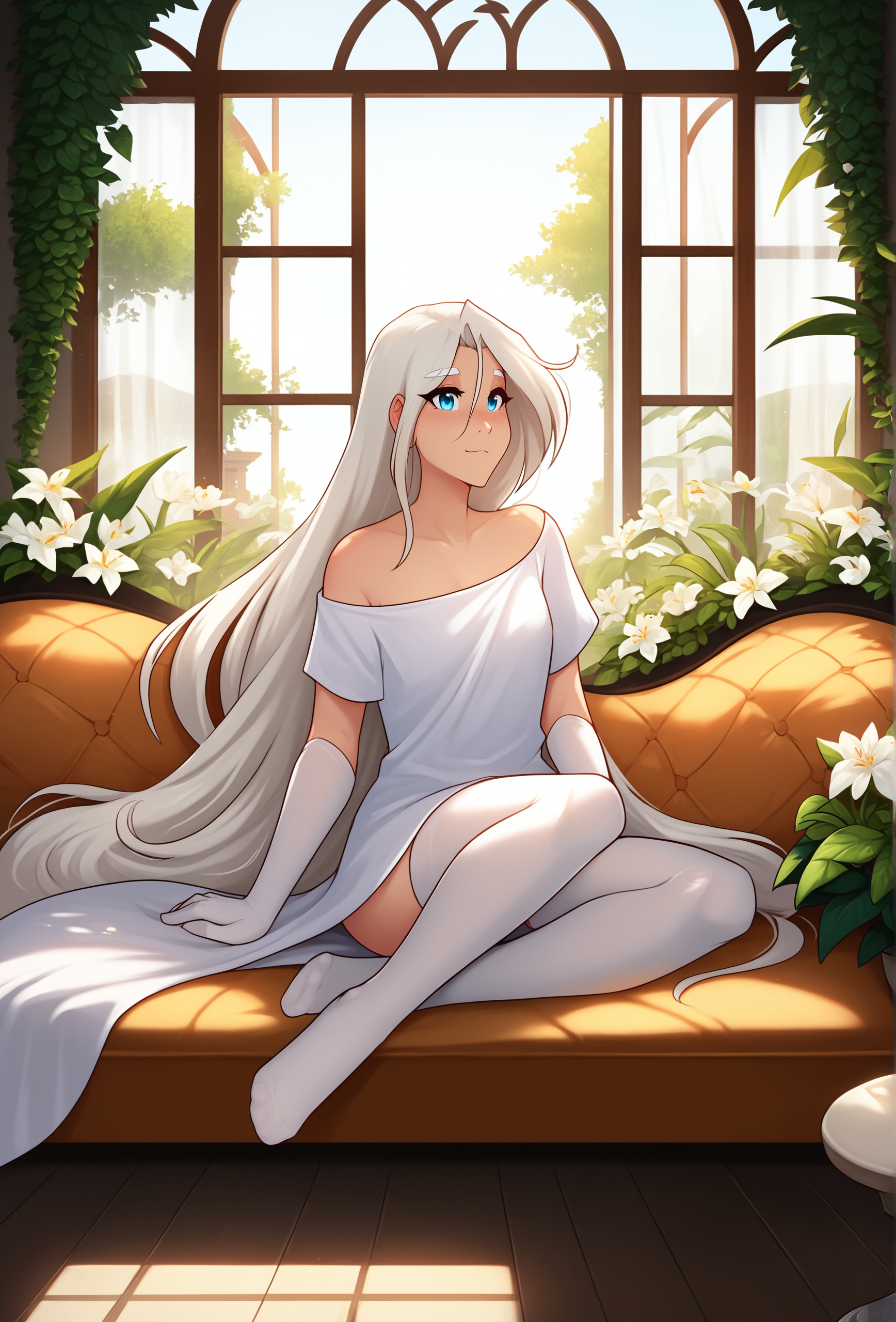 score_9, score_8_up, score_7_up, score_6_up, score_5_up, score_4_up, <lora:tom_fischbach_style_ponyXL_v1.5:0.75> tomfischbach, 1girl, human, white hair, white eyebrows, very long hair, light blue eyes, white shirt, off-shoulder shirt, white elbow gloves, white thighhighs, white curtain, white theme, wind, indoors, flowers, plant, white walls, sitting on a couch