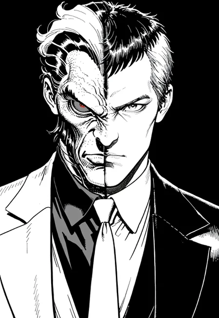 masterpiece, very aesthetic, Adams Style, 1boy, male focus, necktie, monochrome, solo, split theme, looking at viewer, shirt, collared shirt, greyscale, formal, short hair, portrait, suit, multicolored hair, black background, jacket, two-tone hair, spot color, closed mouth, comic art style