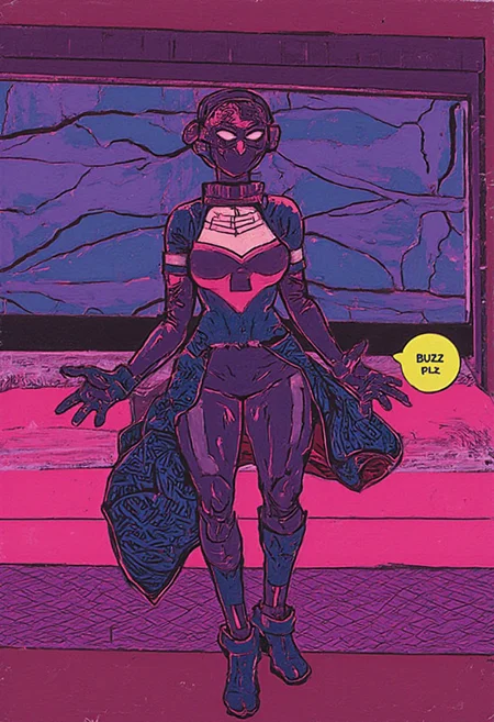 cyberpunk anime art by kumagaiM, elaborate bedroom backdrop,
spiderwoman says "BUZZ PLZ"