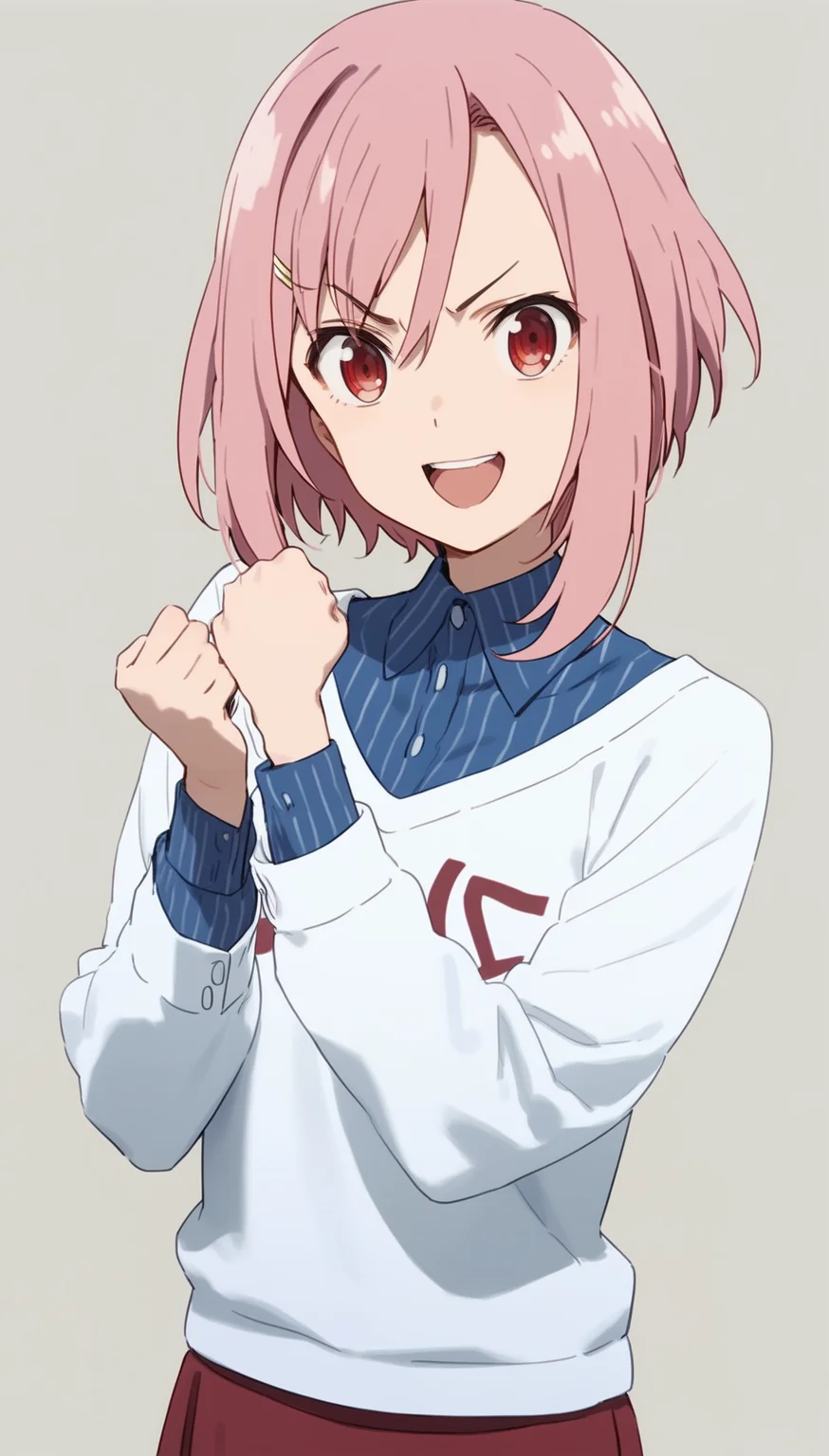 score_9,score_8_up,score_7_up,
<lora:yoshinokoharu:0.9>,
yoshinokoharu,
1girl, solo, pink hair, short hair, bangs, red eyes, looking at viewer, furrowed brow, open smile, white pullover, blue shirt, red skirt, upper body, right hand clenched in a fist in front of face, left hand extended out to the side, white background