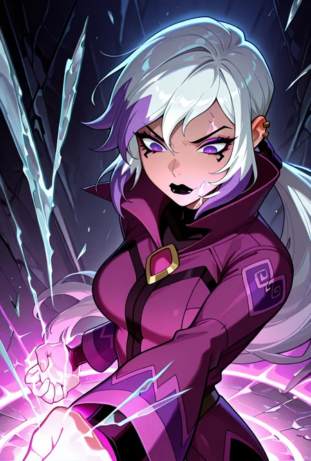 <lora:charmov:1> charmov, long hair, ponytail, , white hair,, 1girl, multicolored hair, purple eyes, ear piercing, two-tone hair, makeup, solo, long sleeves, black lips, purple jacket, long jacket, popped collar, facial expression, dynamic pose,, <lora:Shatter_magic:1> shatter, glowing crack on air, purple magic, crack on air, cracked glass, , shockwave, masterpiece, best quality, amazing quality, very aesthetic, absurdres, newest,