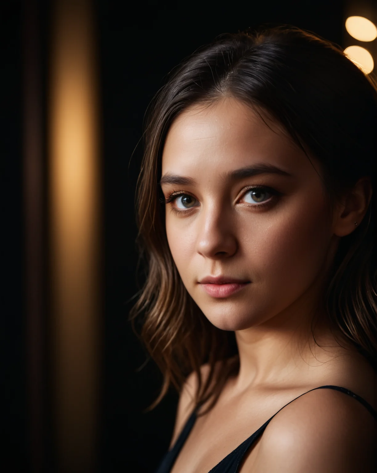 cinematic film still cute face, 43stl1ght1ng, low light, dramatic lighting, darkness, window lighting, eye lighting, water, black background, <lora:S4ndr4_nm_4:0.75> S4ndr4 . shallow depth of field, vignette, highly detailed, high budget, bokeh, cinemascope, moody, epic, gorgeous, film grain, grainy