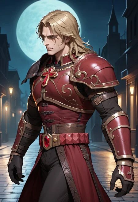 score_9, score_8_up, score_7_up, score_6_up, 1boy, male, muscular, (view from side:2), night, moon, derelict town, (dark empty streets:2), simon belmont, simonbel, (holy cross design:1.3), red armor, stylized red breastplate, gold accents, (long black sleeves:1.3), (black pants:1.3), (ruby jeweled belt:2), metal wristband, (black gloves:1.2), shoulder length blonde hair, steel greaves, walking