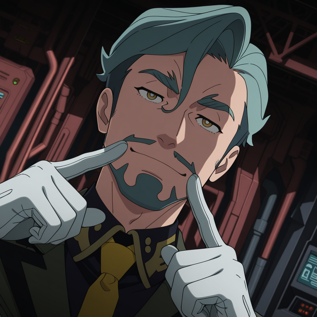 <lora:IL_GQ_Shallia_Bull:1>,GQ_bull,1boy,solo,GQ_Shallia,goatee,gq_mustache,sideburns,thick eyebrows,GQ_Shallia_clt,yellow necktie,gloves,green jacket,sci-fi,hangar,dutch angle,foreshortening,fingersmile,close-up of face,, masterpiece,best quality,amazing quality,uncensored