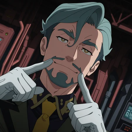 <lora:IL_GQ_Shallia_Bull:1>,GQ_bull,1boy,solo,GQ_Shallia,goatee,gq_mustache,sideburns,thick eyebrows,GQ_Shallia_clt,yellow necktie,gloves,green jacket,sci-fi,hangar,dutch angle,foreshortening,fingersmile,close-up of face,, masterpiece,best quality,amazing quality,uncensored