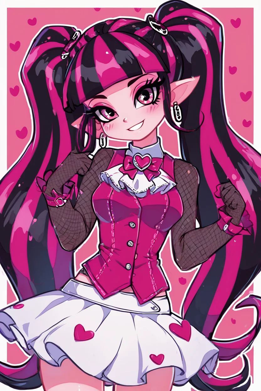 score_9, score_8_up, score_8, medium breasts, (curvy), cute, eyelashes, BREAK, , zzDraculaura, solo, twintails, multiclored hair, pink hair, black hair, pink eyes, pointy ears, earrings, fishnet sleeves, frilled sleeves, long sleeves, blunt bangs, monster high, pink vest, white skirt, pink knee boots, <lora:Draculaura_MH_PDXL_v5:0.8>, BREAK, smile, looking at viewer, cowboy shot, ,,, embedding:zPDXL, Expressiveh, ,,, <lora:Zankuro_Style_PDXL:0.8> <lora:SDXLFaeTastic2400:0.5>, <lora:Expressive_H-000001:0.4>,