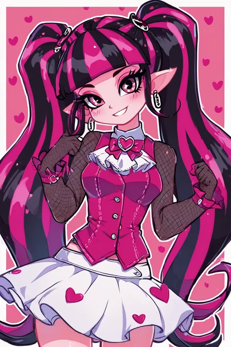 score_9, score_8_up, score_8, medium breasts, (curvy), cute, eyelashes, BREAK, , zzDraculaura, solo, twintails, multiclored hair, pink hair, black hair, pink eyes, pointy ears, earrings, fishnet sleeves, frilled sleeves, long sleeves, blunt bangs, monster high, pink vest, white skirt, pink knee boots, <lora:Draculaura_MH_PDXL_v5:0.8>, BREAK, smile, looking at viewer, cowboy shot, ,,, embedding:zPDXL, Expressiveh, ,,, <lora:Zankuro_Style_PDXL:0.8> <lora:SDXLFaeTastic2400:0.5>, <lora:Expressive_H-000001:0.4>,