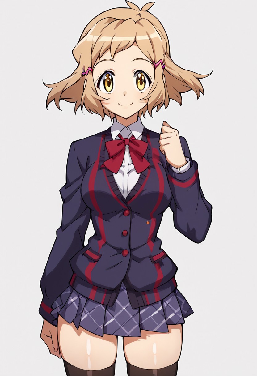 score_9, score_8_up, score_7_up, score_6_up, score_5_up, score_4_up, masterpiece, anime_lineart anime coloring, solo, big thighs, thin waist, medium breasts, White background, Hibiki Tachibana (Season 01), Blonde hair, yellow eyes, short hair, head accessories, School uniform, open jacket, short skirt, long stockings, smile