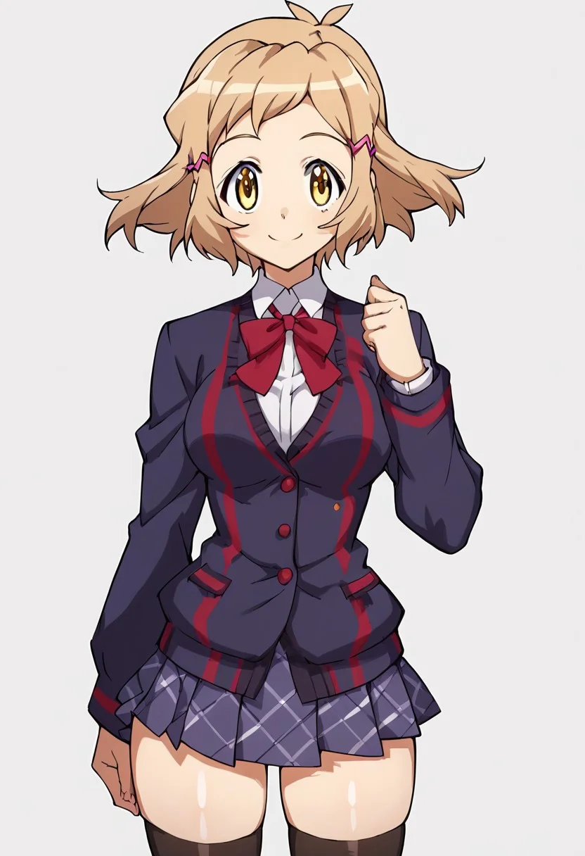 score_9, score_8_up, score_7_up, score_6_up, score_5_up, score_4_up, masterpiece, anime_lineart anime coloring, solo, big thighs, thin waist, medium breasts, White background, Hibiki Tachibana (Season 01), Blonde hair, yellow eyes, short hair, head accessories, School uniform, open jacket, short skirt, long stockings, smile