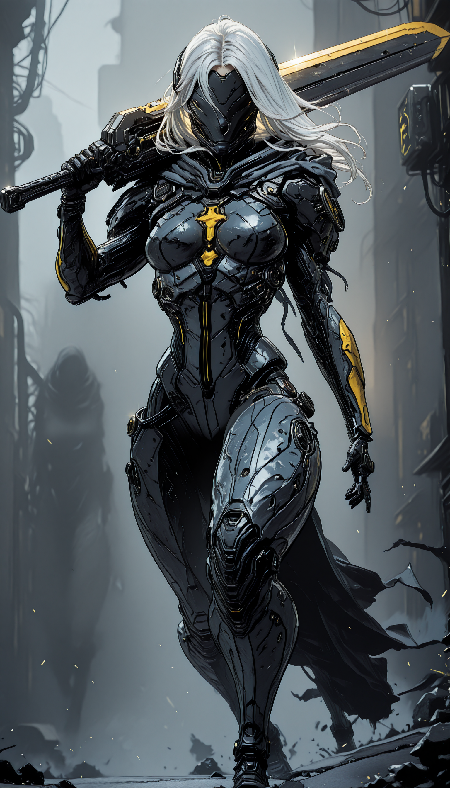 An4chr0t3ch,, covered eyes, headgear,,    holding weapon, fighting stance, holding  buster sword,huge weapon,, WCG-Illu,, kaarea masterpiece, best quality, high quality, ultra-detailed, realistic,  traditional media, vivid_color, high contrast, speed lines, move_effects, action Create a detailed digital artwork of a futuristic armored figure standing in a desolate, industrial setting. The figure is clad in sleek, dark metallic armor with a cross emblem on the chest and a flowing cape that billows behind them. The armor is adorned with various mechanical components, and the figure wields a long, sharp weapon with a metallic sheen. The background is a muted gray, with a structure that appears to be part of a larger industrial facility, and there are yellow and black stripes on the ground. The overall color palette is dominated by shades of gray, black, and silver, with splashes of white and yellow. The style of the artwork leans towards a cyberpunk or dystopian theme, with the figure exuding a sense of readiness and vigilance. 1girl, solo, long_hair, breasts, holding, full_body, white_hair, weapon, sword, holding_weapon, armor, mask, bodysuit, holding_sword, science_fiction, walking, over_shoulder, cyborg, weapon_over_shoulder, cyberpunk, An4chr0t3ch,, covered eyes, headgear,,    holding weapon, fighting stance, holding  buster sword,huge weapon,, WCG-Illu,, kaarea