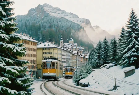 (Bokeh:1.1), kodak photo 38 mm, breath-taking film photography, movie effects, film grain, epic, masterpiece, best of the best, 4k uhd, intricate details, muted colors, wide shot of the most aesthetic Swiss town in winter, snowy, pines, gigantic mountain surrounding the whole frame, tram, minimalistic, shallow depth of image, crisp, clear, haze lighting, muted colors