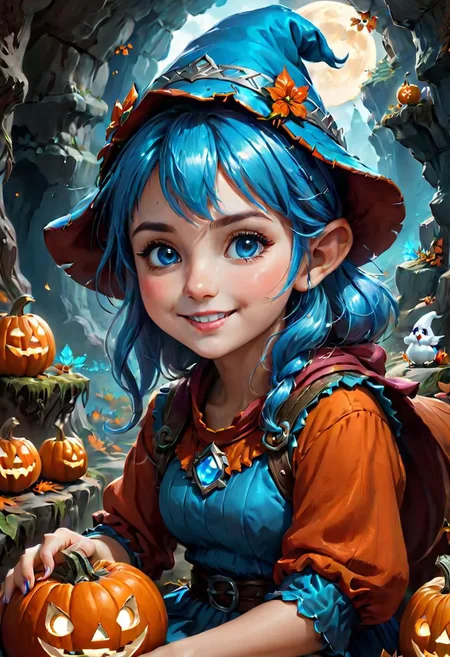 Close-up portrait, stylized drawing by Greg Rutkowski, "Very Beautiful", anime (((kawaii gnome girl with polished blue eyes))) sitting in a cave next to a pumpkin, a cheerful little ghost flying in the background, Artstation competition winner, fantasy art, red hat, card game illustration, fantasy art behance, fantasy art, smug smiling man, close up character portrait, beautiful art uhd 4k, magali villeneuve', art book, depth of field shown in the style of artists like Giovanni Boldini, WLOP at Studio Ghibli Genshin.