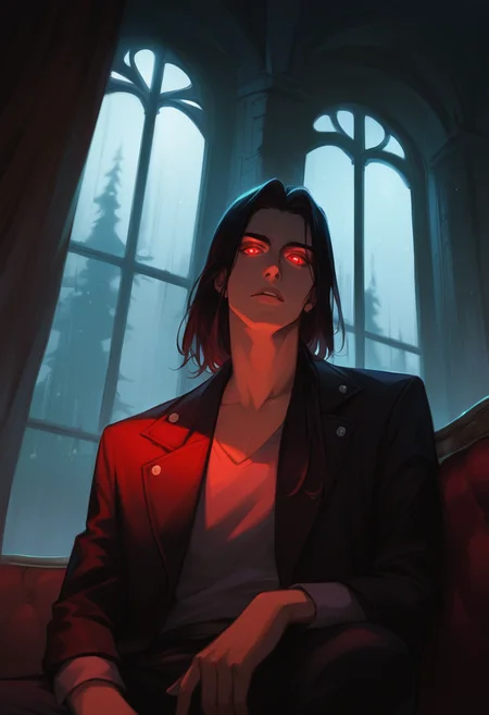 zPDXL3, safe_pos, score_9, score_8_up, score_7_up, source_anime, rating_safe, night, 1boy, vlad dracula, male focus, coat, glowing red eyes, legs apart, parted lips, head tilt, serious, hands with five fingers, looking down at viewer, blurry indoors, couch, window, transparent curtain, gloomy interiors, dark theme, low light, realistic shading, from below, scenery, dark theme, low light,