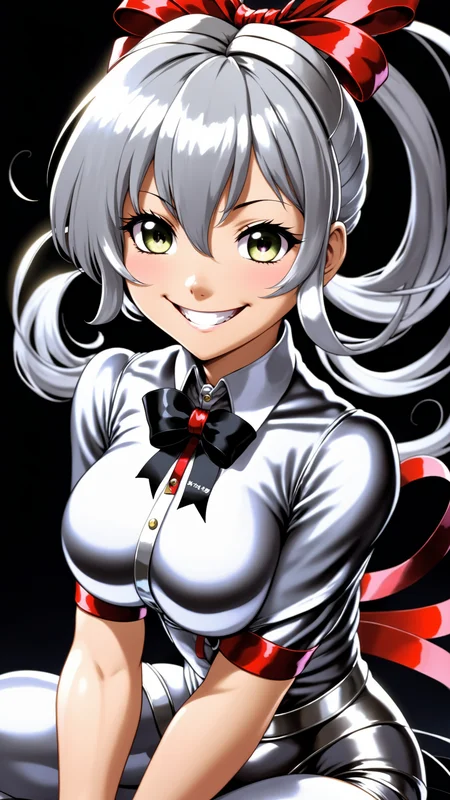masterpiece, best quality, 1girl, silver hair, from below, sitting, hair ribbon, evil smile, half-opened eyes, hentai, cartoon style