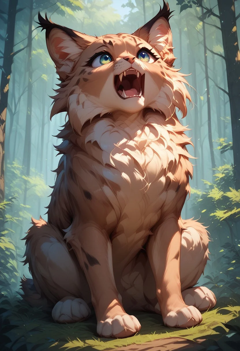 fl00ffymadn3ss, score_9, score_8_up, score_7_up, masterpiece, best quality, absurdres, vibrant, highly detailed, cute, fluffy, animal focus, fluffy baby lynx, roaring, small fangs sitting, forest