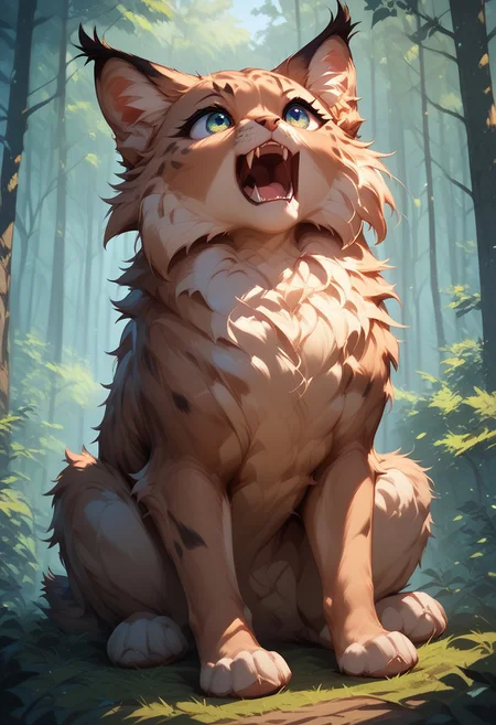fl00ffymadn3ss, score_9, score_8_up, score_7_up, masterpiece, best quality, absurdres, vibrant, highly detailed, cute, fluffy, animal focus, fluffy baby lynx, roaring, small fangs sitting, forest