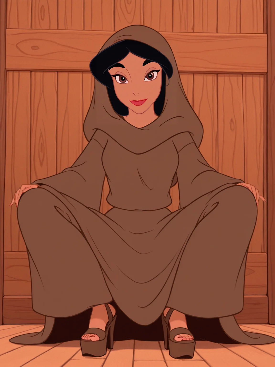 <lora:JasmineIL:0.9> Ja_n, 1girl, arabian woman, brown skin, red lips, brown eyes, black hair, brown abaya,
looking at viewer, squatting, front view, spreading legs, platform high heels, pants,