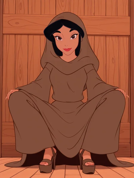 <lora:JasmineIL:0.9> Ja_n, 1girl, arabian woman, brown skin, red lips, brown eyes,  black hair, brown abaya,
looking at viewer, squatting, front view, spreading legs, platform high heels, pants,