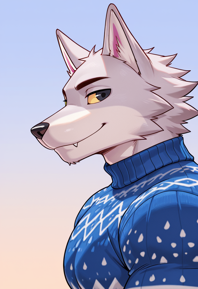 <lora:Fang_Animal_Crossing__IL_:1>, masterpiece, absurdres, highres, best quality, 1boy, solo, FangAC, yellow sclera, black eyes, wolf, furry, anthro, tail, blue sweater, muscular male, bara, portrait, big pecs, close up, smile, looking at viewer