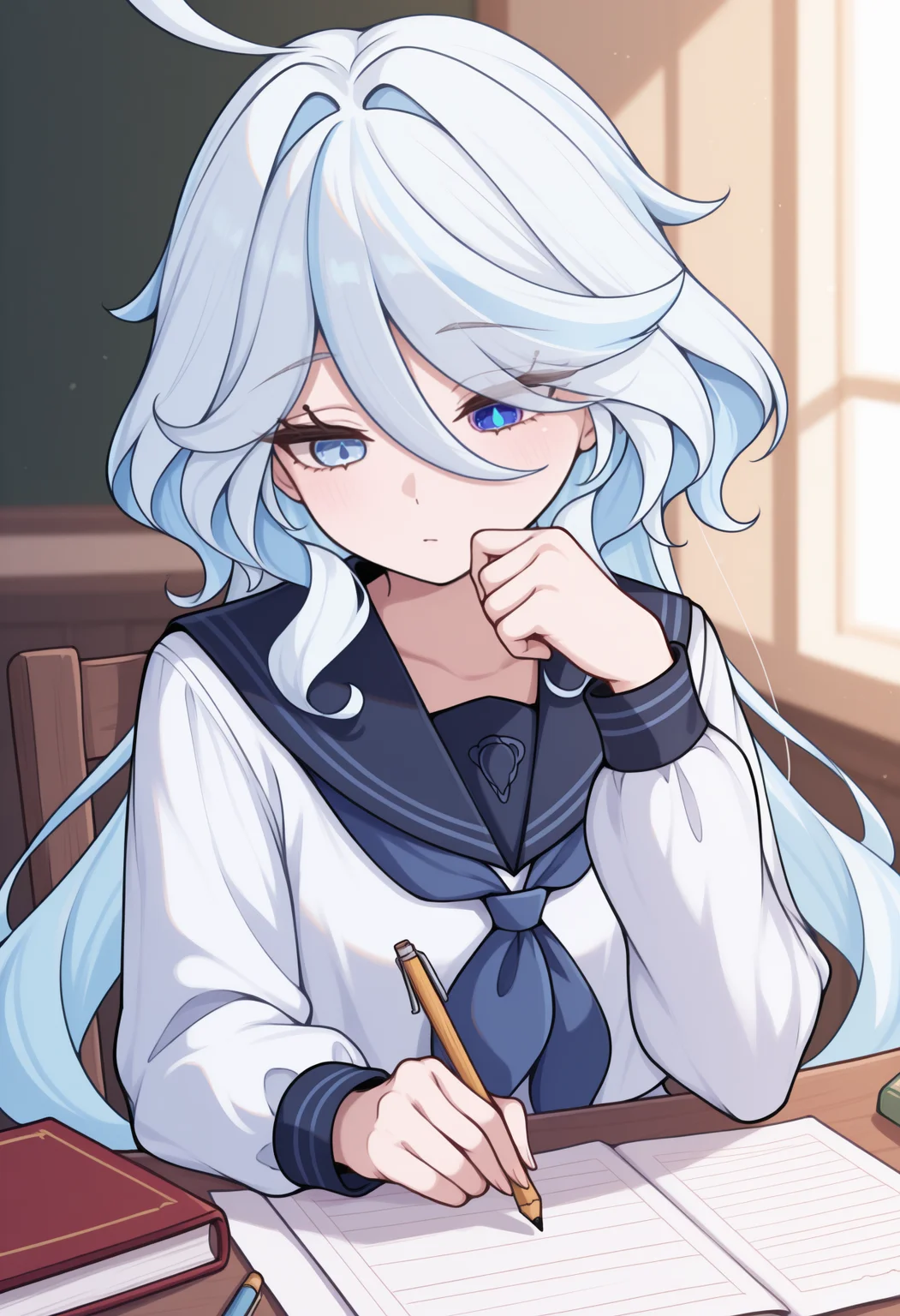 masterpiece, best quality, <break> solo, 1girl, fur1na, looking down, sitting, holding pencil, hand on own chin, long hair, multicolored hair, light blue hair, white hair, cowlick, ahoge, hair between eyes, heterochromia, blue eyes, mismatched pupils, drop-shaped pupils, serafuku, white shirt, blue sailor collar, blue neckerchief, long sleeves, indoors, table, paper, book
<segment:yolo-Anzhc Face seg 640 v2 y8n.pt,0.4,0.5//cid=1>