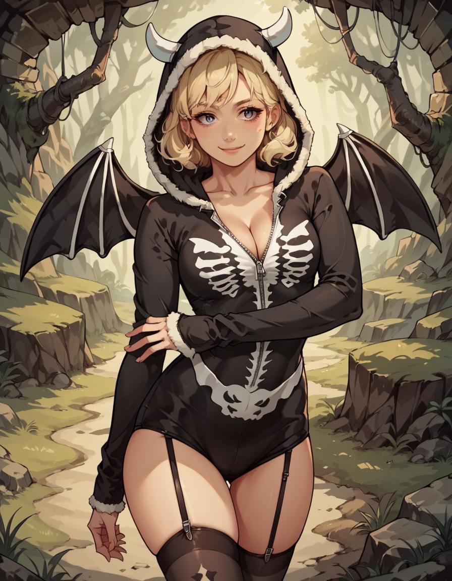 score_9, score_8_up, score_7_up, score_6_up, score_5_up, score_4_up, source_anime,  1girl, long blonde hair, hud_skel_ling, leotard, hood, long sleeves, wings, garter straps, cleavage, thighhighs, zipper, fake horns, ,  <lora:hud_skel_ling_XLP:0.8>, light smile, cave