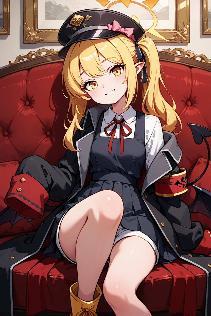 masterpiece, best quality, 1girl, solo, 21 year old model, eyelashes, (beautiful eyes),     ,,, zzIbuki, yellow eyes, yellow halo, blonde hair, long hair, tail, side ponytail, horns, demon horns, black horns, hair ribbon, pointy ears, wings, demon wings, black wings, tail, demon tail, horns, black tail, demon horns, black horns, demon girl, low wings, hair ribbon, neck ribbon, black headwear, red ribbon, peaked cap, black coat, collared shirt, long sleeves, open coat, pinafore dress, sleeves past fingers, black dress, hat bow, white shirt, yellow footwear, boots, white shorts, oversized clothes, red armband, military hat, pink bow, <lora:IbukiBlueArchiveIXL:1.0>,BREAK,,,   smile, curvy, head tilt, sitting on couch, looking at viewer, cowboy shot, <lora:GoldenCATLoraIXL:0.6>, <lora:princess_xl_v2:0.3>,