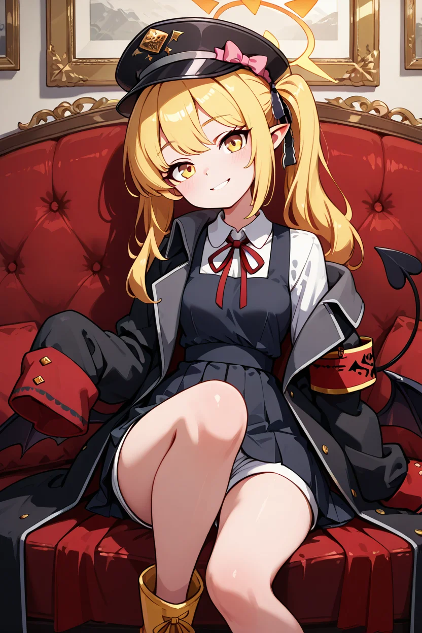 masterpiece, best quality, 1girl, solo, 21 year old model, eyelashes, (beautiful eyes), ,,, zzIbuki, yellow eyes, yellow halo, blonde hair, long hair, tail, side ponytail, horns, demon horns, black horns, hair ribbon, pointy ears, wings, demon wings, black wings, tail, demon tail, horns, black tail, demon horns, black horns, demon girl, low wings, hair ribbon, neck ribbon, black headwear, red ribbon, peaked cap, black coat, collared shirt, long sleeves, open coat, pinafore dress, sleeves past fingers, black dress, hat bow, white shirt, yellow footwear, boots, white shorts, oversized clothes, red armband, military hat, pink bow, <lora:IbukiBlueArchiveIXL:1.0>,BREAK,,, smile, curvy, head tilt, sitting on couch, looking at viewer, cowboy shot, <lora:GoldenCATLoraIXL:0.6>, <lora:princess_xl_v2:0.3>,