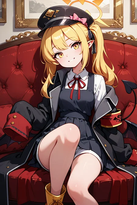 masterpiece, best quality, 1girl, solo, 21 year old model, eyelashes, (beautiful eyes), ,,, zzIbuki, yellow eyes, yellow halo, blonde hair, long hair, tail, side ponytail, horns, demon horns, black horns, hair ribbon, pointy ears, wings, demon wings, black wings, tail, demon tail, horns, black tail, demon horns, black horns, demon girl, low wings, hair ribbon, neck ribbon, black headwear, red ribbon, peaked cap, black coat, collared shirt, long sleeves, open coat, pinafore dress, sleeves past fingers, black dress, hat bow, white shirt, yellow footwear, boots, white shorts, oversized clothes, red armband, military hat, pink bow, <lora:IbukiBlueArchiveIXL:1.0>,BREAK,,, smile, curvy, head tilt, sitting on couch, looking at viewer, cowboy shot, <lora:GoldenCATLoraIXL:0.6>, <lora:princess_xl_v2:0.3>,