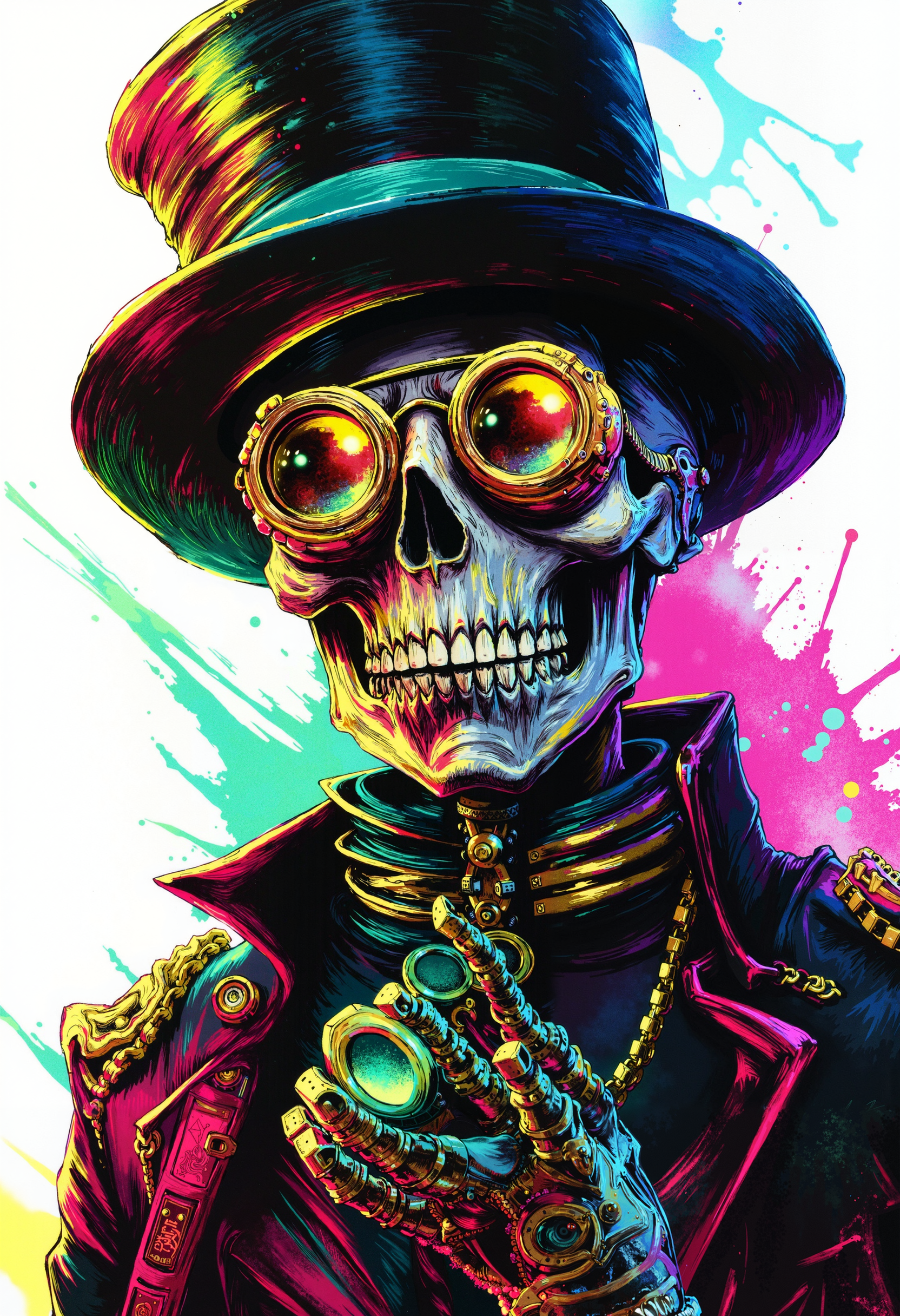 high quality, ultra detailed, colorful, abstract, fantasy, bo-bioluminescent, ArcaneFGTNR, a highly detailed, digital illustration depicting a human skeleton in a steampunk-inspired style, the skeleton is depicted in a low-angle perspective, looking up at the viewer, its skull is adorned with large, round, golden-rimmed goggles that reflect the light, giving it a mysterious and enigmatic appearance, the goggles are adorned with intricate, metallic details, adding to the steampunk aesthetic, the skull is dressed in a black top hat with a teal ribbon around the crown, and a dark, high-collared jacket with gold accents, the jacket has a high collar, and the jacket is cinched at the waist with a gold chain, the background is a stark white, with splashes of vibrant colors, including blue, green, and yellow, scattered across the image, adding a sense of movement and chaos, the overall color palette is dominated by cool tones, with bold, contrasting hues that enhance the contrast between the skeleton and its surroundings, the illustration is highly polished, with a smooth, polished texture that enhances the realism and depth of the image<lora:Flux\boFLUX Bioluminescent Dreams v1.safetensors:0.85:0.85> <lora:ArcaneFGTNR.safetensors:1.0:1.0>