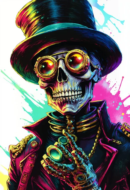 high quality, ultra detailed, colorful, abstract, fantasy, bo-bioluminescent, ArcaneFGTNR, a highly detailed, digital illustration depicting a human skeleton in a steampunk-inspired style, the skeleton is depicted in a low-angle perspective, looking up at the viewer, its skull is adorned with large, round, golden-rimmed goggles that reflect the light, giving it a mysterious and enigmatic appearance, the goggles are adorned with intricate, metallic details, adding to the steampunk aesthetic, the skull is dressed in a black top hat with a teal ribbon around the crown, and a dark, high-collared jacket with gold accents, the jacket has a high collar, and the jacket is cinched at the waist with a gold chain, the background is a stark white, with splashes of vibrant colors, including blue, green, and yellow, scattered across the image, adding a sense of movement and chaos, the overall color palette is dominated by cool tones, with bold, contrasting hues that enhance the contrast between the skeleton and its surroundings, the illustration is highly polished, with a smooth, polished texture that enhances the realism and depth of the image<lora:Flux\boFLUX Bioluminescent Dreams v1.safetensors:0.85:0.85> <lora:ArcaneFGTNR.safetensors:1.0:1.0>