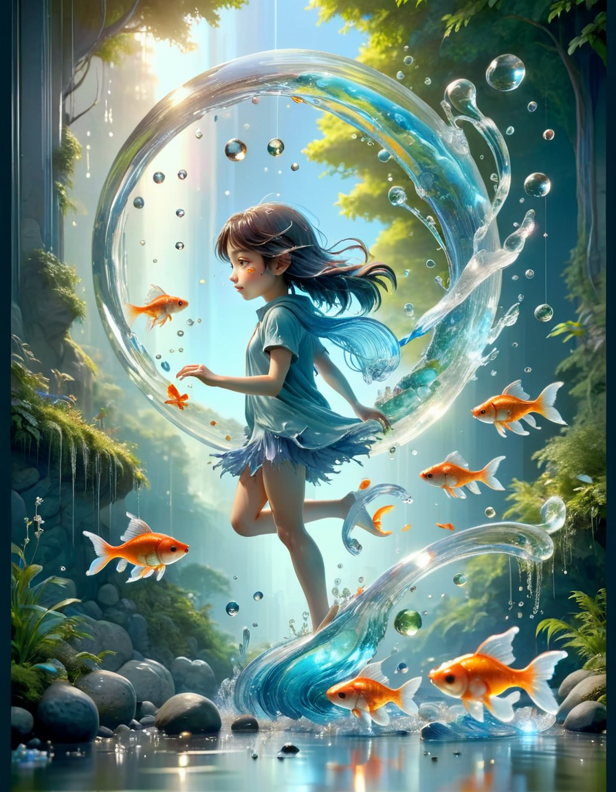 Cute watercolor fantasy illustration by Brian Kesinger, aesthetic, photorealistic, digital painting, highly detailed high resolution, Studio Ghibli, Anime Key Visual, Makoto Shinkai, deep color, intricate, 8k concept art, Glass effect, no background, stunning, something that doesn't even exist, cute girl traveling through a fantasy world, (goldfish fly around), energy, molecular, textures, iridescent and luminescent scales, breathtaking beauty, pure perfection, divine presence, unforgettable, impressive, breathtaking beauty, Volumetric light, auras, rays, bright colors reflected <lora:watce-sdxl-v2:1> watce