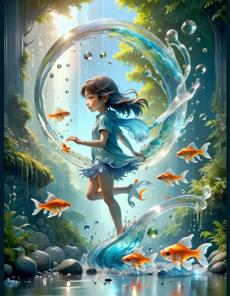Cute watercolor fantasy illustration by Brian Kesinger, aesthetic, photorealistic, digital painting, highly detailed high resolution, Studio Ghibli, Anime Key Visual, Makoto Shinkai, deep color, intricate, 8k concept art, Glass effect, no background, stunning, something that doesn't even exist, cute girl traveling through a fantasy world, (goldfish fly around), energy, molecular, textures, iridescent and luminescent scales, breathtaking beauty, pure perfection, divine presence, unforgettable, impressive, breathtaking beauty, Volumetric light, auras, rays, bright colors reflected <lora:watce-sdxl-v2:1> watce