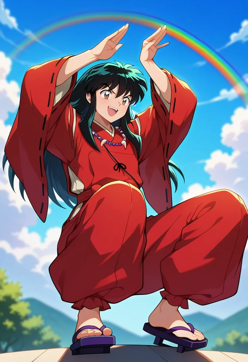 masterpiece, best quality, intricate details, , , depth of field, 1boy, solo, male focus, <lora:inuyasha_ilxl:0.98>, inuyasha, black hair, brown eyes, long hair, , , , , sky carnival, cloud rides, rainbow slides, floating games, playing pose, happy expression, afternoon,