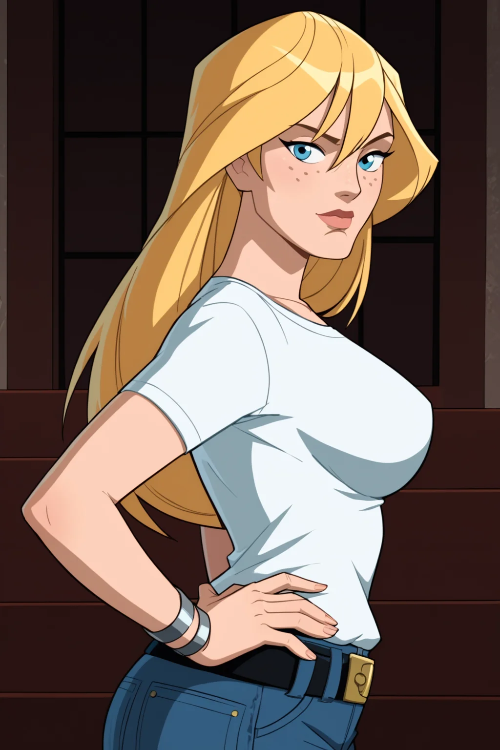 PonyXLV6_Scores BREAK <lora:add_details_xl:0.8> (perfect anatomy, perfect eyes, cowboy shot) BREAK <lora:Mockingbird:0.8> bobbi morse, long hair, blonde hair, blue eyes, freckles, flirting, raised eyebrow, ((looking back at viewer)), white t-shirt, jewelry, bracelets, belt, jeans, large breasts, curvy, toned, athletic, standing, sexually suggestive pose, hands on hip, indoors